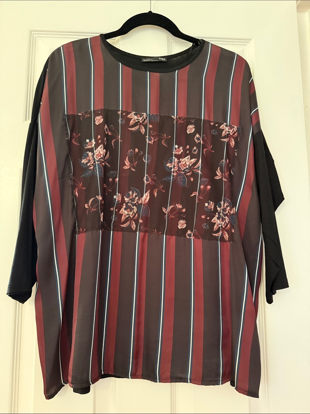 Zara Women’s Maroon, Black and White Blouse with Floral Mesh Lace Front